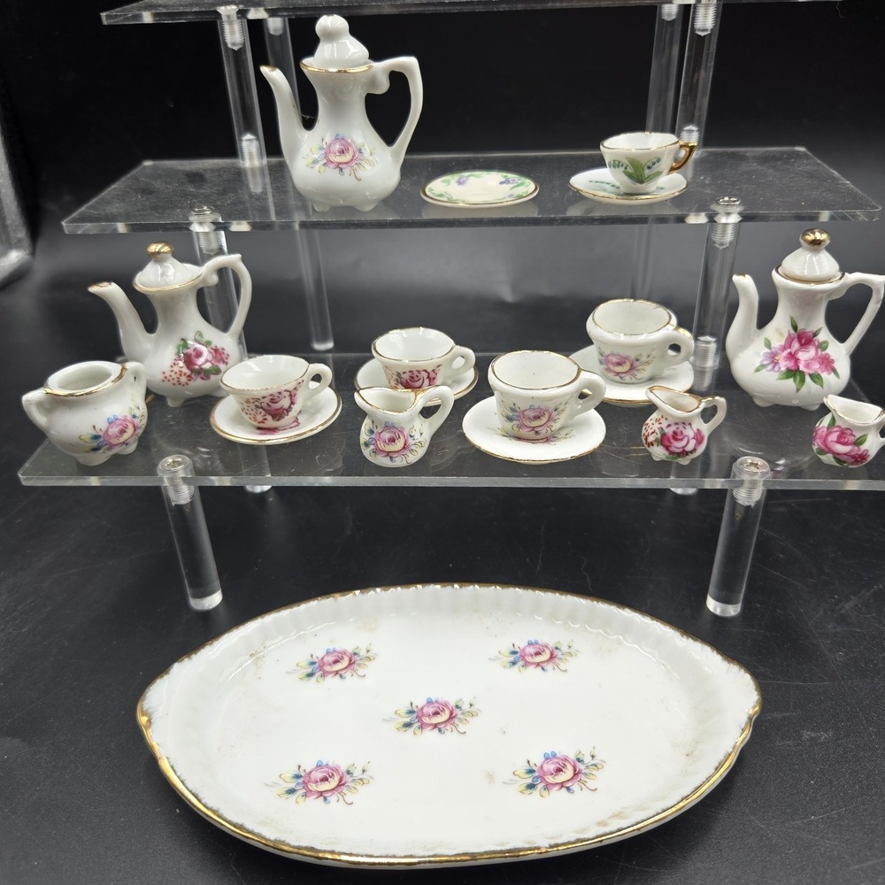 Vtg Miniature Ceramic Tea Set 22pc Pink Floral Rose w Gold Trim EXC Super Tiny